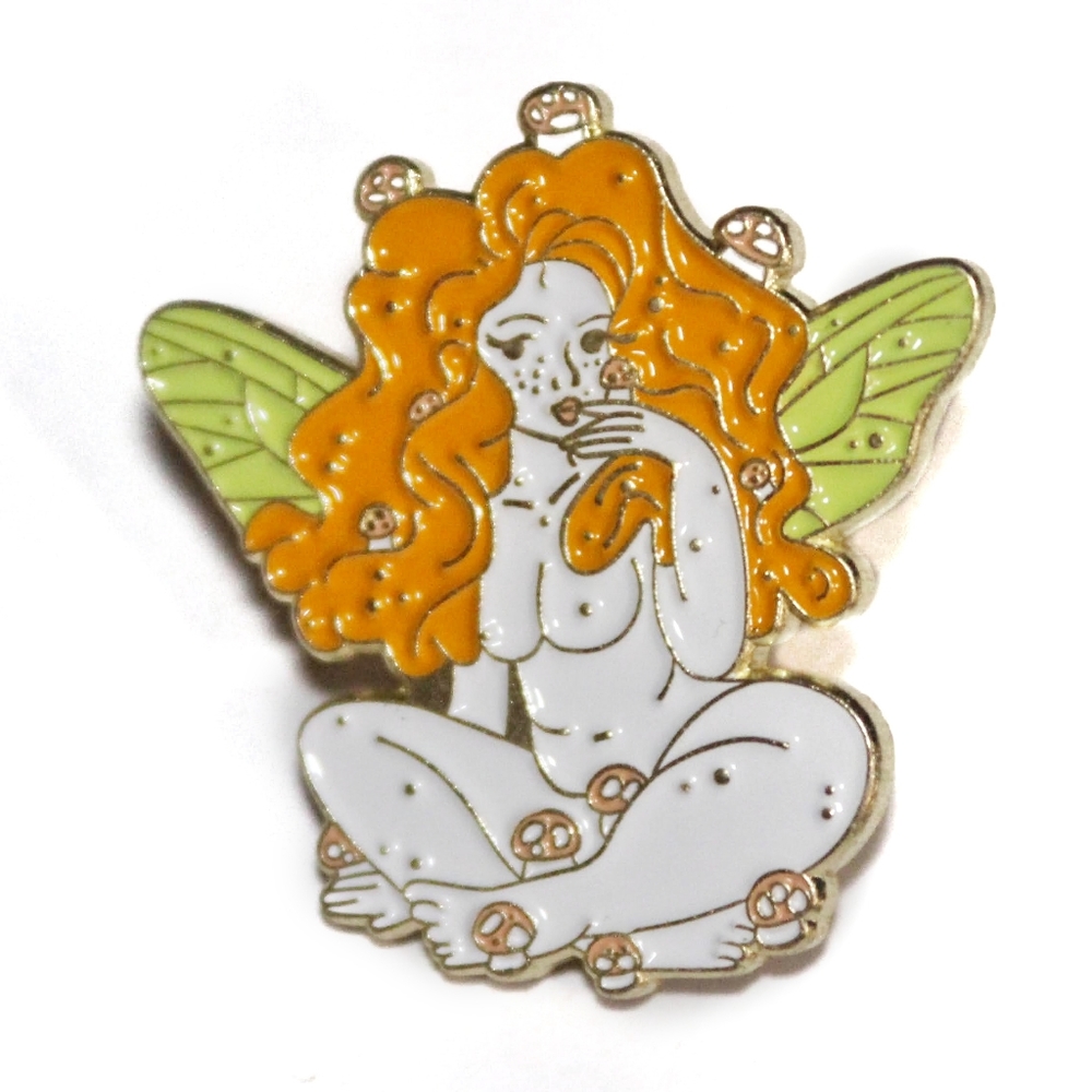 Beautiful orange mushroom forest nymph fairy enamel pin